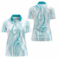 Polynesia Plumeria Lei Women Polo Shirt White Turquoise Curves Motif LT7 - Polynesian Pride