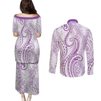 Polynesia Plumeria Lei Couples Matching Puletasi and Long Sleeve Button Shirt White Violet Curves Motif