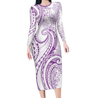 Polynesia Plumeria Lei Family Matching Long Sleeve Bodycon Dress and Hawaiian Shirt White Violet Curves Motif LT7 Mom's Dress Violet - Polynesian Pride
