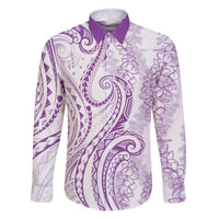 Polynesia Plumeria Lei Family Matching Off The Shoulder Long Sleeve Dress and Hawaiian Shirt White Violet Curves Motif LT7 Dad's Shirt - Long Sleeve Violet - Polynesian Pride