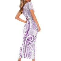 Polynesia Plumeria Lei Family Matching Short Sleeve Bodycon Dress and Hawaiian Shirt White Violet Curves Motif LT7 - Polynesian Pride