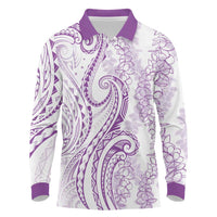 Polynesia Plumeria Lei Long Sleeve Polo Shirt White Violet Curves Motif