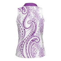 Polynesia Plumeria Lei Women Sleeveless Polo Shirt White Violet Curves Motif