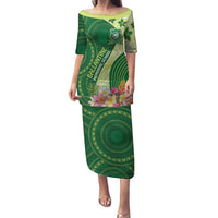 Fiji Ballantine Memorial High School Personalised Family Matching Puletasi and Hawaiian Shirt Masi Tapa Mix Plumeria LT7 Mom's Dress Green - Polynesian Pride