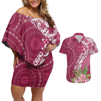Fiji Adi Cakobau School Personalised Couples Matching Off Shoulder Short Dress and Hawaiian Shirt Masi Tapa Mix Plumeria LT7 Maroon - Polynesian Pride