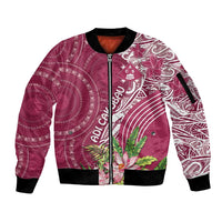 Fiji Adi Cakobau School Personalised Sleeve Zip Bomber Jacket Masi Tapa Mix Plumeria LT7 Unisex Maroon - Polynesian Pride