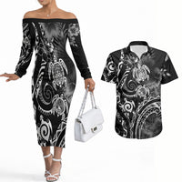 Aloha Hawaii Turtles Floral Couples Matching Off The Shoulder Long Sleeve Dress and Hawaiian Shirt Obsidian Glaze LT7 Black - Polynesian Pride