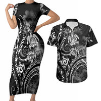 Aloha Hawaii Turtles Floral Couples Matching Short Sleeve Bodycon Dress and Hawaiian Shirt Obsidian Glaze LT7 Black - Polynesian Pride
