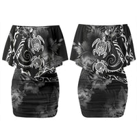 Aloha Hawaii Turtles Floral Family Matching Off Shoulder Short Dress and Hawaiian Shirt Obsidian Glaze LT7 Mom's Dress Black - Polynesian Pride