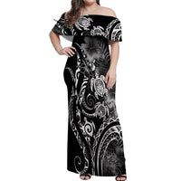 Aloha Hawaii Turtles Floral Off Shoulder Maxi Dress Obsidian Glaze LT7 Women Black - Polynesian Pride