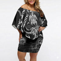 Aloha Hawaii Turtles Floral Off Shoulder Short Dress Obsidian Glaze LT7 Women Black - Polynesian Pride
