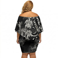 Aloha Hawaii Turtles Floral Off Shoulder Short Dress Obsidian Glaze LT7 - Polynesian Pride