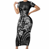 Aloha Hawaii Turtles Floral Short Sleeve Bodycon Dress Obsidian Glaze LT7 Long Dress Black - Polynesian Pride