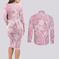 Aloha Hawaii Turtles Floral Couples Matching Long Sleeve Bodycon Dress and Long Sleeve Button Shirt Pink Marbles Glaze