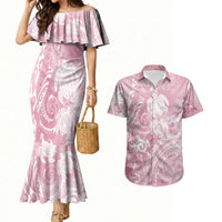 Aloha Hawaii Turtles Floral Couples Matching Mermaid Dress and Hawaiian Shirt Pink Marbles Glaze LT7 Pink - Polynesian Pride