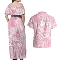 Aloha Hawaii Turtles Floral Couples Matching Off Shoulder Maxi Dress and Hawaiian Shirt Pink Marbles Glaze