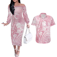 Aloha Hawaii Turtles Floral Couples Matching Off The Shoulder Long Sleeve Dress and Hawaiian Shirt Pink Marbles Glaze