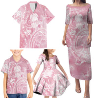 Aloha Hawaii Turtles Floral Family Matching Puletasi and Hawaiian Shirt Pink Marbles Glaze