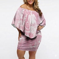 Aloha Hawaii Turtles Floral Off Shoulder Short Dress Pink Marbles Glaze LT7 Women Pink - Polynesian Pride