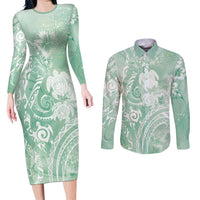 Aloha Hawaii Turtles Floral Couples Matching Long Sleeve Bodycon Dress and Long Sleeve Button Shirt Seafoam Marbles Glaze