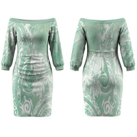 Aloha Hawaii Turtles Floral Couples Matching Off The Shoulder Long Sleeve Dress and Long Sleeve Button Shirt Seafoam Marbles Glaze LT7 - Polynesian Pride