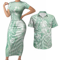 Aloha Hawaii Turtles Floral Couples Matching Short Sleeve Bodycon Dress and Hawaiian Shirt Seafoam Marbles Glaze LT7 Seafoam - Polynesian Pride