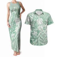 Aloha Hawaii Turtles Floral Couples Matching Tank Maxi Dress and Hawaiian Shirt Seafoam Marbles Glaze LT7 Seafoam - Polynesian Pride