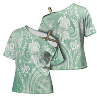 Aloha Hawaii Turtles Floral Cross Shoulder Shirt Seafoam Marbles Glaze