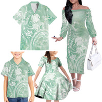 Aloha Hawaii Turtles Floral Family Matching Off The Shoulder Long Sleeve Dress and Hawaiian Shirt Seafoam Marbles Glaze