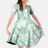 Aloha Hawaii Turtles Floral Family Matching Off Shoulder Short Dress and Hawaiian Shirt Seafoam Marbles Glaze