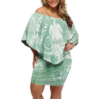 Aloha Hawaii Turtles Floral Family Matching Off Shoulder Short Dress and Hawaiian Shirt Seafoam Marbles Glaze