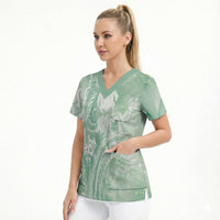 Aloha Hawaii Turtles Floral Scrub Top Seafoam Marbles Glaze