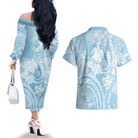 Aloha Hawaii Turtles Floral Couples Matching Off The Shoulder Long Sleeve Dress and Hawaiian Shirt Aqua Marbles Glaze LT7 - Polynesian Pride