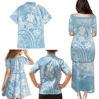 Aloha Hawaii Turtles Floral Family Matching Puletasi and Hawaiian Shirt Aqua Marbles Glaze LT7 Mom's Dress Aqua - Polynesian Pride