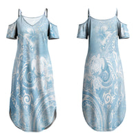 Aloha Hawaii Turtles Floral Family Matching Summer Maxi Dress and Hawaiian Shirt Aqua Marbles Glaze LT7 Mom's Dress Aqua - Polynesian Pride