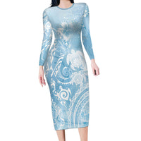 Aloha Hawaii Turtles Floral Long Sleeve Bodycon Dress Aqua Marbles Glaze LT7 Long Dress Aqua - Polynesian Pride