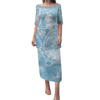 Aloha Hawaii Turtles Floral Puletasi Aqua Marbles Glaze LT7 Long Dress Aqua - Polynesian Pride