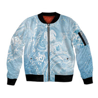 Aloha Hawaii Turtles Floral Sleeve Zip Bomber Jacket Aqua Marbles Glaze