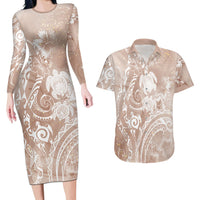 Aloha Hawaii Turtles Floral Couples Matching Long Sleeve Bodycon Dress and Hawaiian Shirt Taupe Marbles Glaze LT7 Taupe - Polynesian Pride