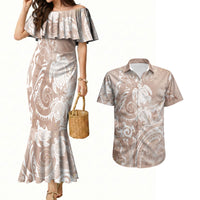 Aloha Hawaii Turtles Floral Couples Matching Mermaid Dress and Hawaiian Shirt Taupe Marbles Glaze LT7 Taupe - Polynesian Pride