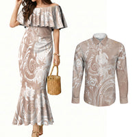Aloha Hawaii Turtles Floral Couples Matching Mermaid Dress and Long Sleeve Button Shirt Taupe Marbles Glaze LT7 Taupe - Polynesian Pride