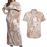 Aloha Hawaii Turtles Floral Couples Matching Off Shoulder Maxi Dress and Hawaiian Shirt Taupe Marbles Glaze LT7 Taupe - Polynesian Pride