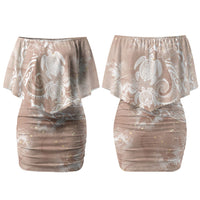 Aloha Hawaii Turtles Floral Couples Matching Off Shoulder Short Dress and Hawaiian Shirt Taupe Marbles Glaze LT7 - Polynesian Pride
