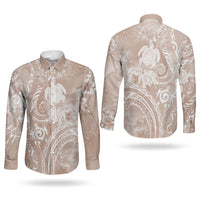 Aloha Hawaii Turtles Floral Couples Matching Off Shoulder Short Dress and Long Sleeve Button Shirt Taupe Marbles Glaze LT7 - Polynesian Pride
