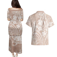 Aloha Hawaii Turtles Floral Couples Matching Puletasi and Hawaiian Shirt Taupe Marbles Glaze