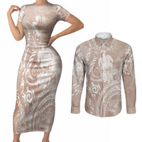 Aloha Hawaii Turtles Floral Couples Matching Short Sleeve Bodycon Dress and Long Sleeve Button Shirt Taupe Marbles Glaze LT7 Taupe - Polynesian Pride