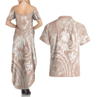 Aloha Hawaii Turtles Floral Couples Matching Summer Maxi Dress and Hawaiian Shirt Taupe Marbles Glaze LT7 - Polynesian Pride