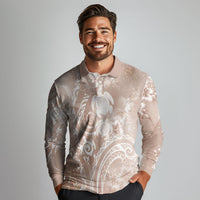 Aloha Hawaii Turtles Floral Long Sleeve Polo Shirt Taupe Marbles Glaze