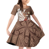 Tahiti Islands Polynesian Plumeria Family Matching Off Shoulder Short Dress and Hawaiian Shirt Tahitian Vahine 'Ote'a - Beige LT7 Daughter's Dress Beige - Polynesian Pride