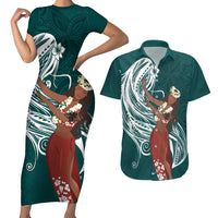 Tahiti Islands Polynesian Plumeria Couples Matching Short Sleeve Bodycon Dress and Hawaiian Shirt Tahitian Vahine 'Ote'a - Teal LT7 Teal - Polynesian Pride